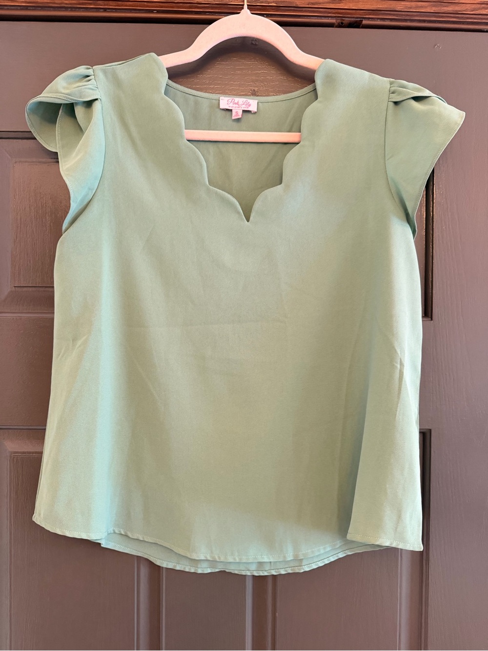 Pink Lily Sage Green Scallop Neck Cap Sleeve Blouse